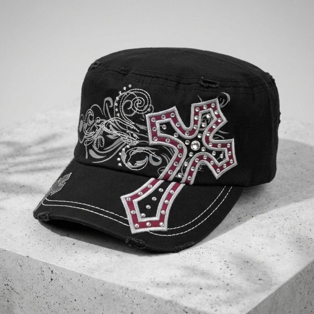 Luxury Headwear Y2K Rhinestone Cross Military Cadet Cap Black Distressed Hat